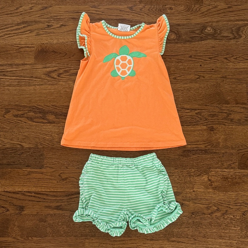 Jelly Beans Orange & Mint Turtle Applique Kids Matching Set girls 10